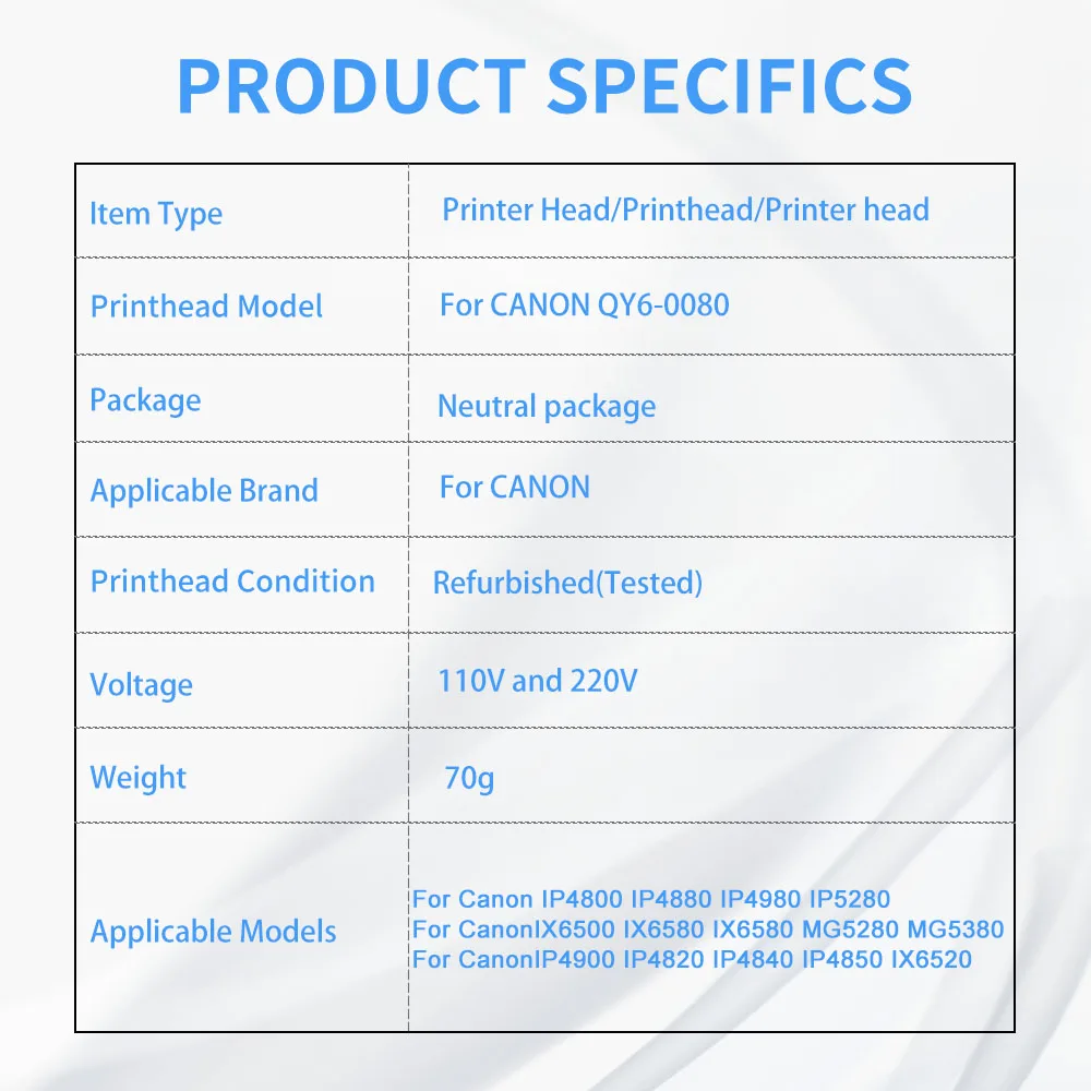 Printhead QY6-0080 For Canon IP4800 IP4880 IP4980 IP5280 IX6500 IX6580 IX6580 MG5280 MG5380 IP4900 IP4820 IP4840 IP4850 printer