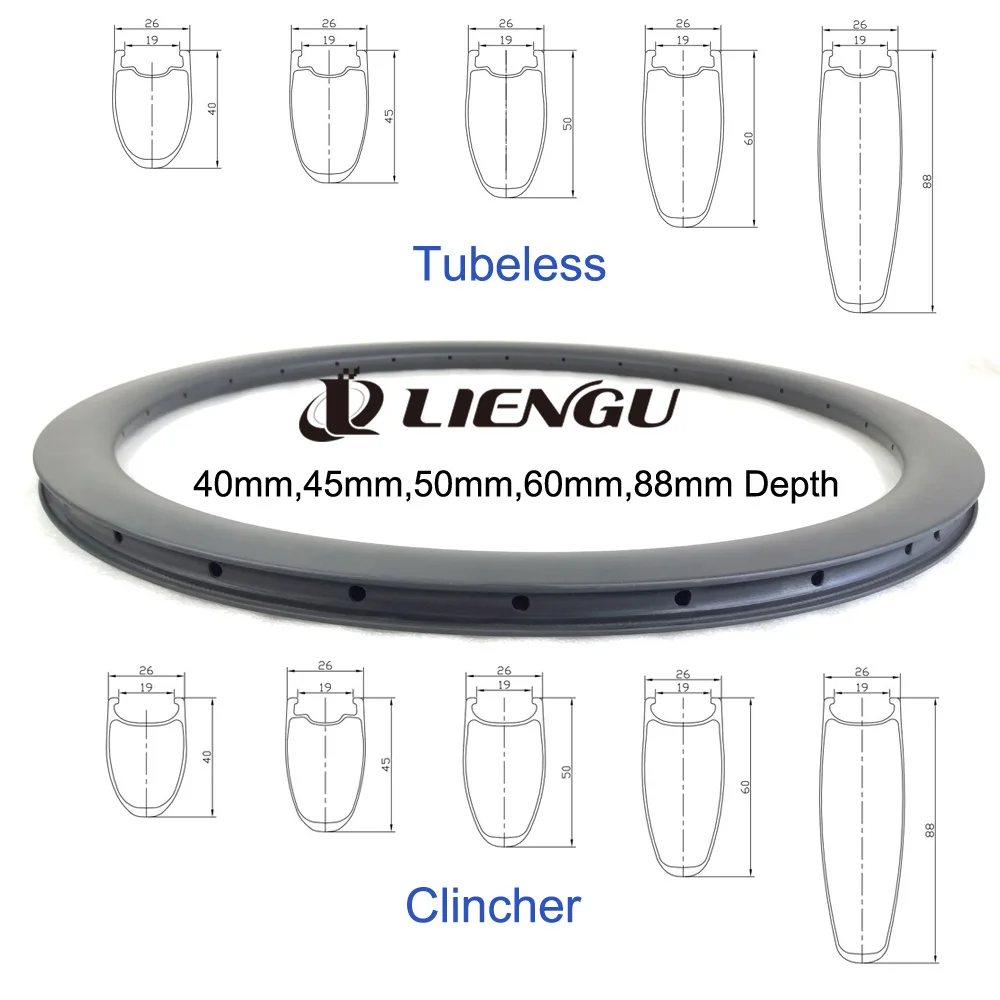 

LIENGU 700C Road Bike Disc Brake Carbon Rim 40mm 45mm 50mm 60mm 88mm Depth Clincher Tubeless 26mm Width For 700 Bicycle Wheels