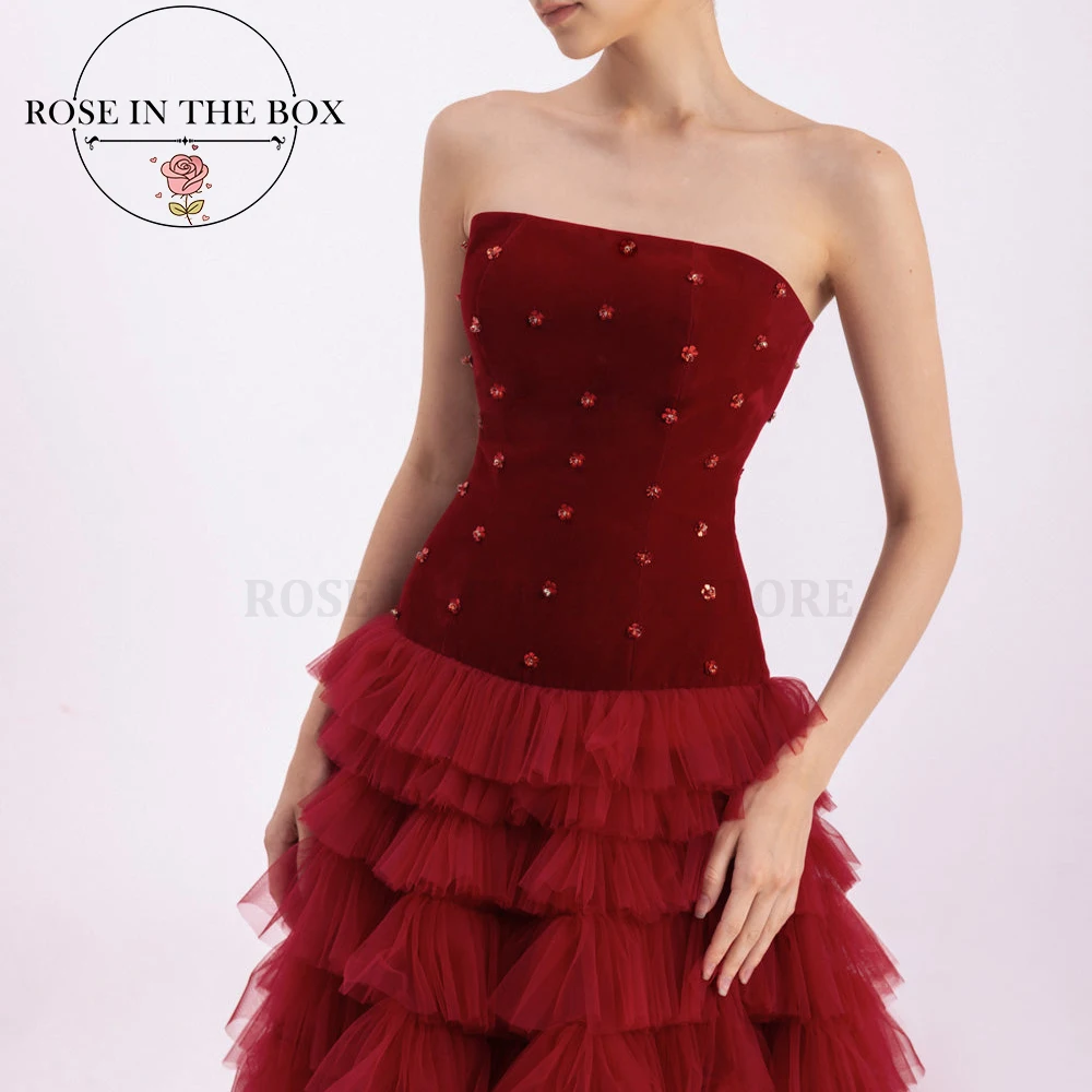 ROSEINTHEBOX Customized Glamorous Burgundy Strapless Evening Dresses for Woman Crystal  Tiered A-line Luxury Party Dresses
