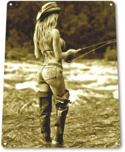Open Fly Pinup Girl Sexy Cowgirl Fishing Man Cave Wall Art Decor Metal Tin Sign sign