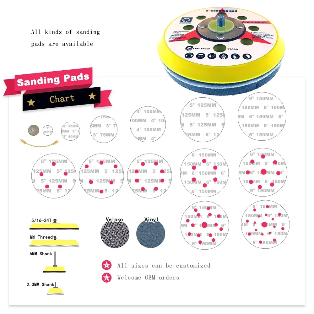 1/10 Stück 5 Zoll 125mm 8-Loch Klett-Schleifpad mit 5/16"-24T Gewinde zum Polieren und Schleifen von Autokarosserie, Metall und Holz