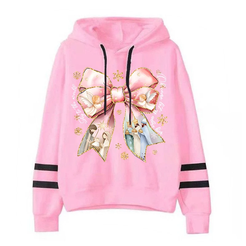 Pink Jesus Christmas Bow Print Hoodies Women 