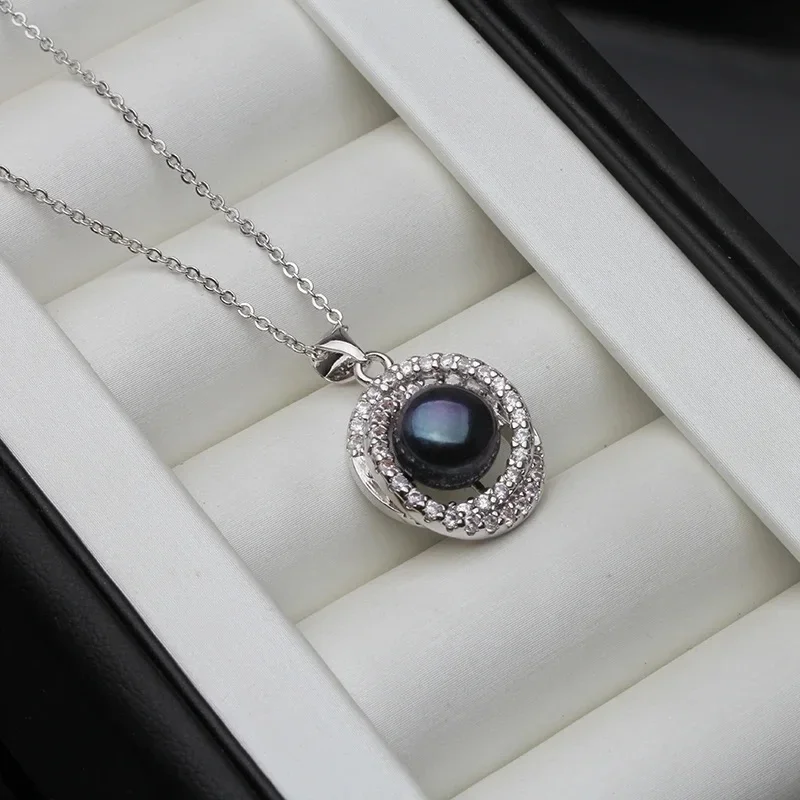 Real 925 Silver Pearl Pendant On The Neck Women,Cultured Natural Fresh Water Pearl Pendant Wife Mother Birthday Gift White Black