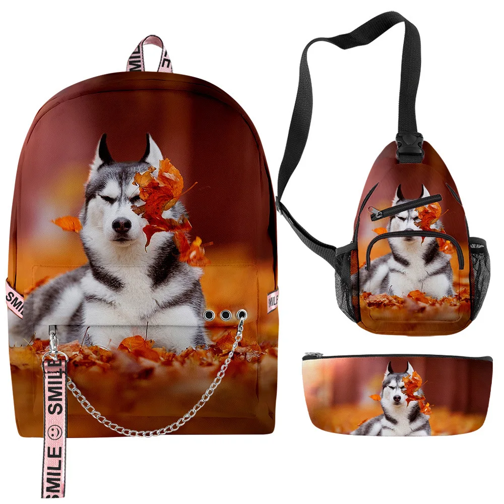 

Harajuku Popular Funny Husky 3D Print 3pcs/Set School Bags multifunction Travel Backpack Chest Bag Pencil Case