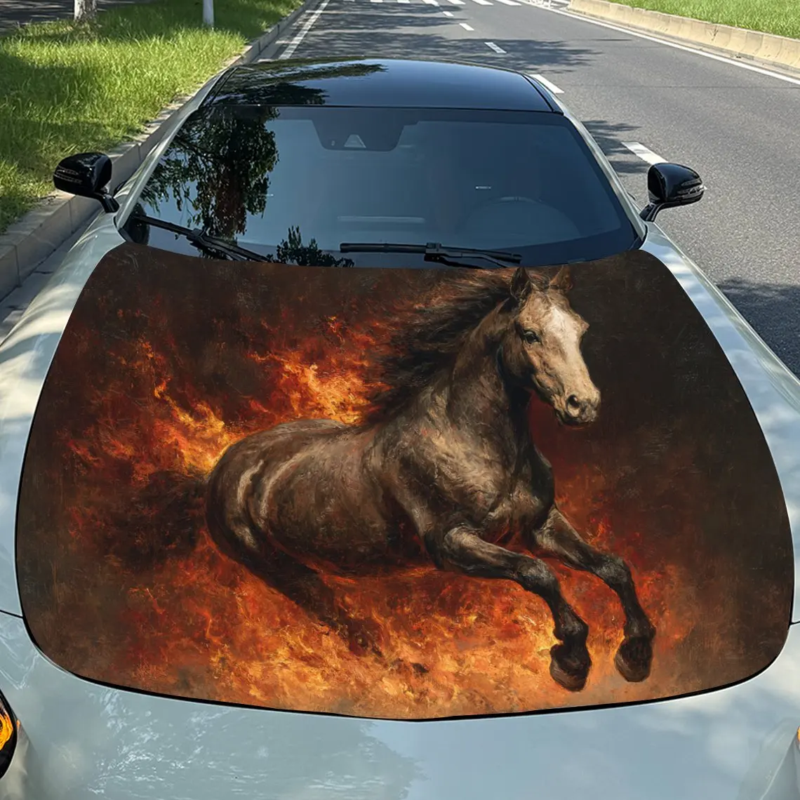 Car Decals Horse with a Dynamic, Flame - Themed Artistic Design, Appearing to Gallop Amidst Fire Car Hood Sticker, Waterproof Se