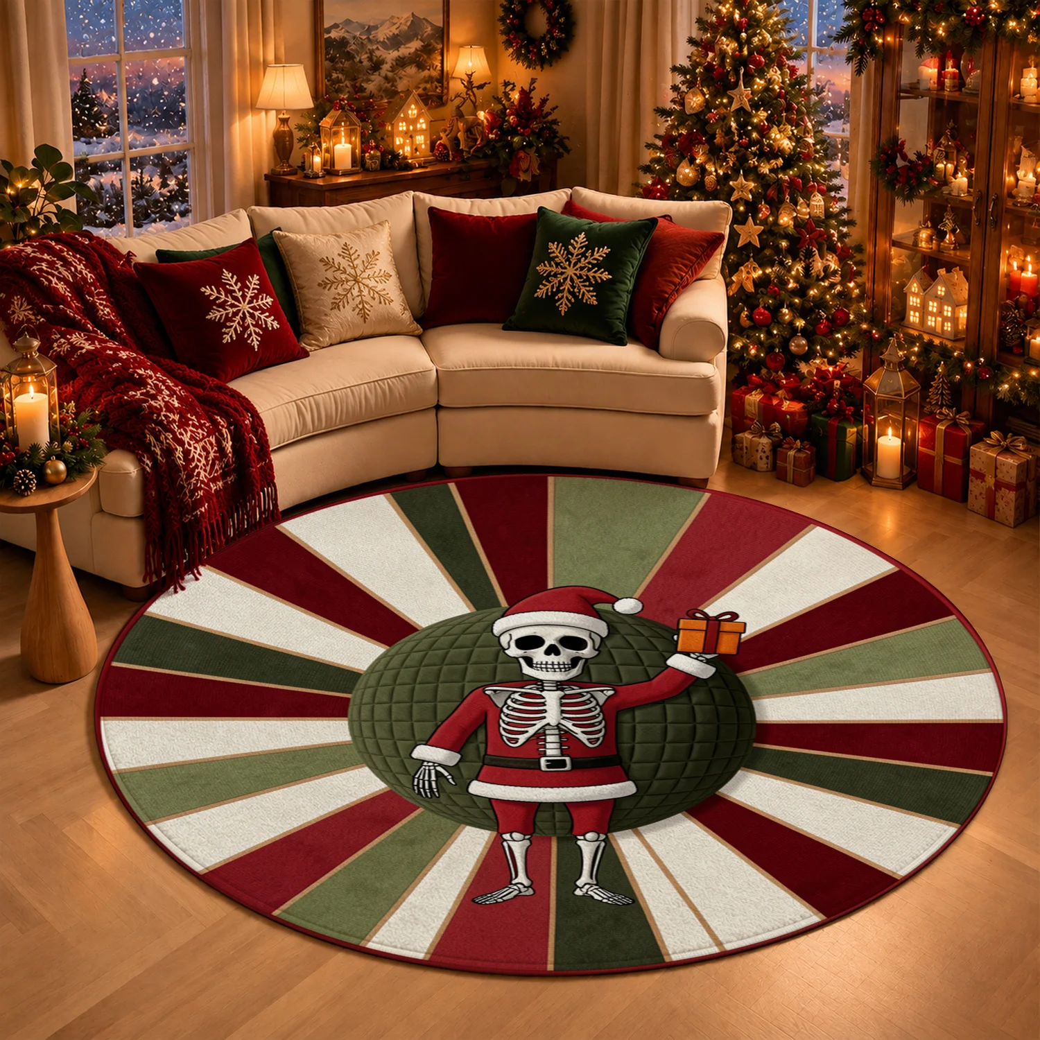 Skeleton Santa Gift Radiating Stripe Round Velvet Rug Machine Washable for Living Room Bedroom Dining Area Halloween Christmas Thanksgiving Black Friday Cyber Monday New Year