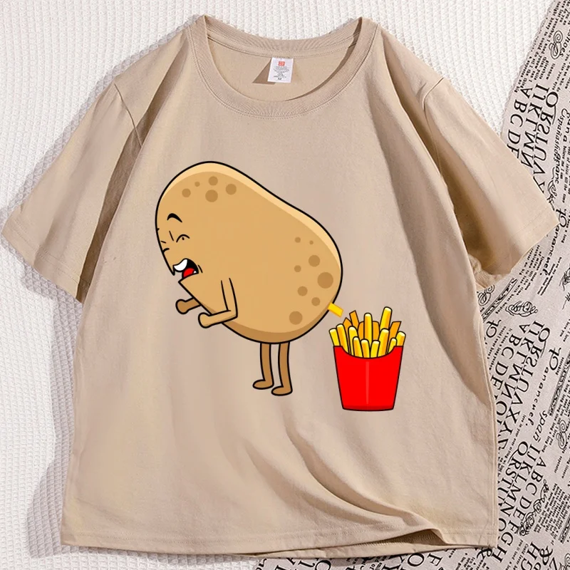 Funny Potato Fries Cartoon T Shirt Kawaii Food Humor T-shirt for Men Women Casual Loose Printed Tshirt Short Sleeve Clothes