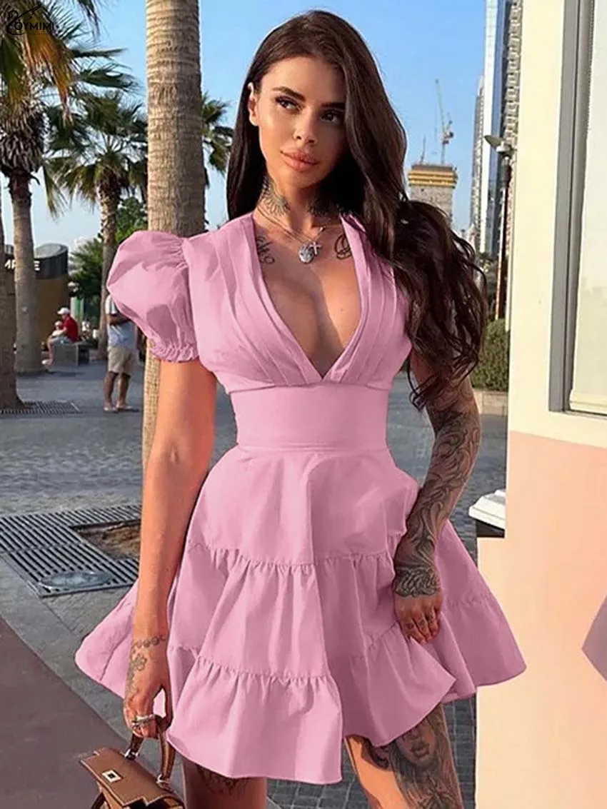 

Oymimi Summer Pink Cotton Dresses 2025 Woman Casual Deep V-Neck Short Sleeve Lace-Up Dress Fashion High Waist Pleated Mini Dress