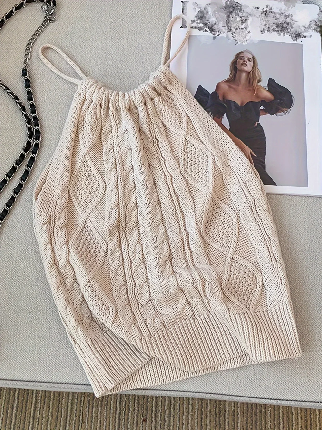 2024 Solid Cable Knit Tied Halter Top  Vacation Backless Top For Spring  Summer Women's Clothing Crop Top Camis