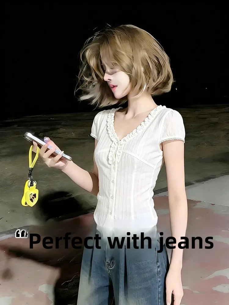 

Slim Fit V-Neck Short Sleeve Shirt Women's Korean Style Floral Shirt Breathable Casual Slimming Top for Summer