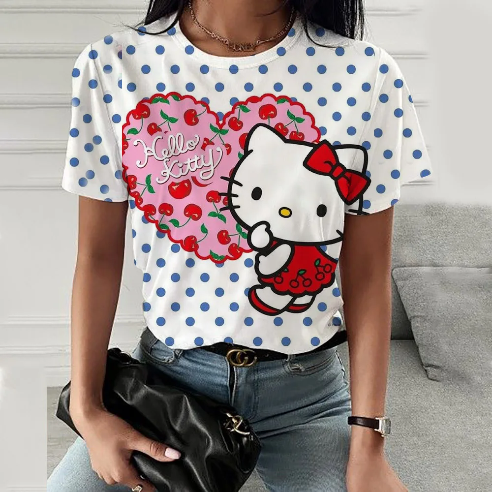 Hello Kitty Tops Aesthetic Women's T-shirts Streetwear Woman Funny Tees Short Sleeves T-shirt Clothing Fashion Girl Festival Top