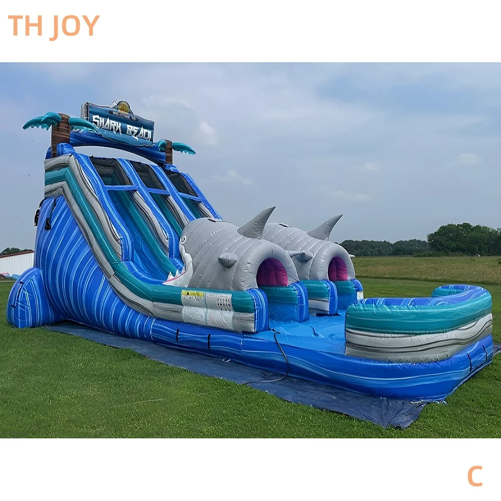 عن طريق السفينة إلى الميناء البحري، موضوع القرش الممرات المزدوجة، منزلق مائي قابل للنفخ مع حمام سباحة للإيجار التجاري