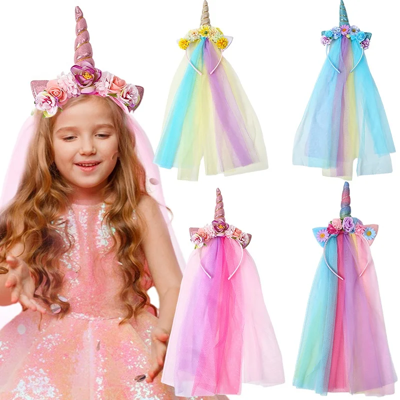 1PC Unicorn Party Celebration Glitter Birthday Hat Fairy Hair Hoop Party Decor Hairbands Kids Children Girl Favor Headwear