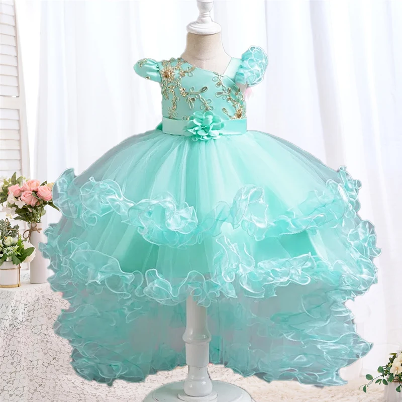 Elegant girl chiffon Christmas party dress embroidered one shoulder cake puffy dress 2024 new girl trailing wedding dress
