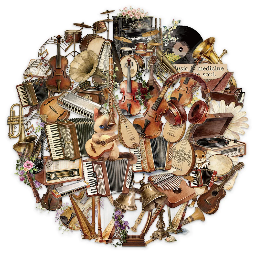 50PCS Retro Musical Instrument Music Theme Stickers DIY Phone Cases, Postcards, Laptop Speaker Stickers