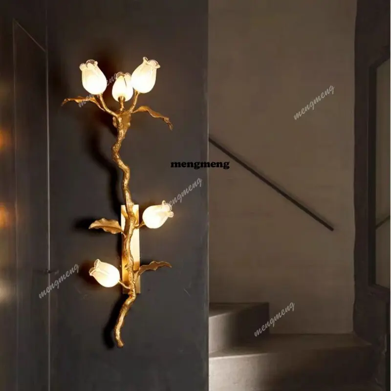 

All copper light luxury living room background wall wall lamp duplex building art petal entrance stairs bedroom bedside lamp