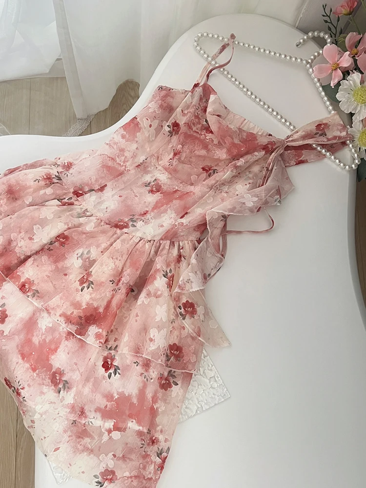 Summer Gyaru Chiffon Floral Fairy Dress Women Mini Korean Fashion Coquette Frock Vintage One-Piece Aesthetic Prom Evening Party