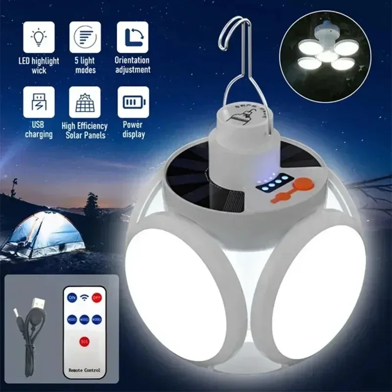 Luz Solar plegable portátil para exteriores, bombilla LED recargable por USB, luz de búsqueda, antorcha de Camping, lámpara de emergencia para cortes de energía