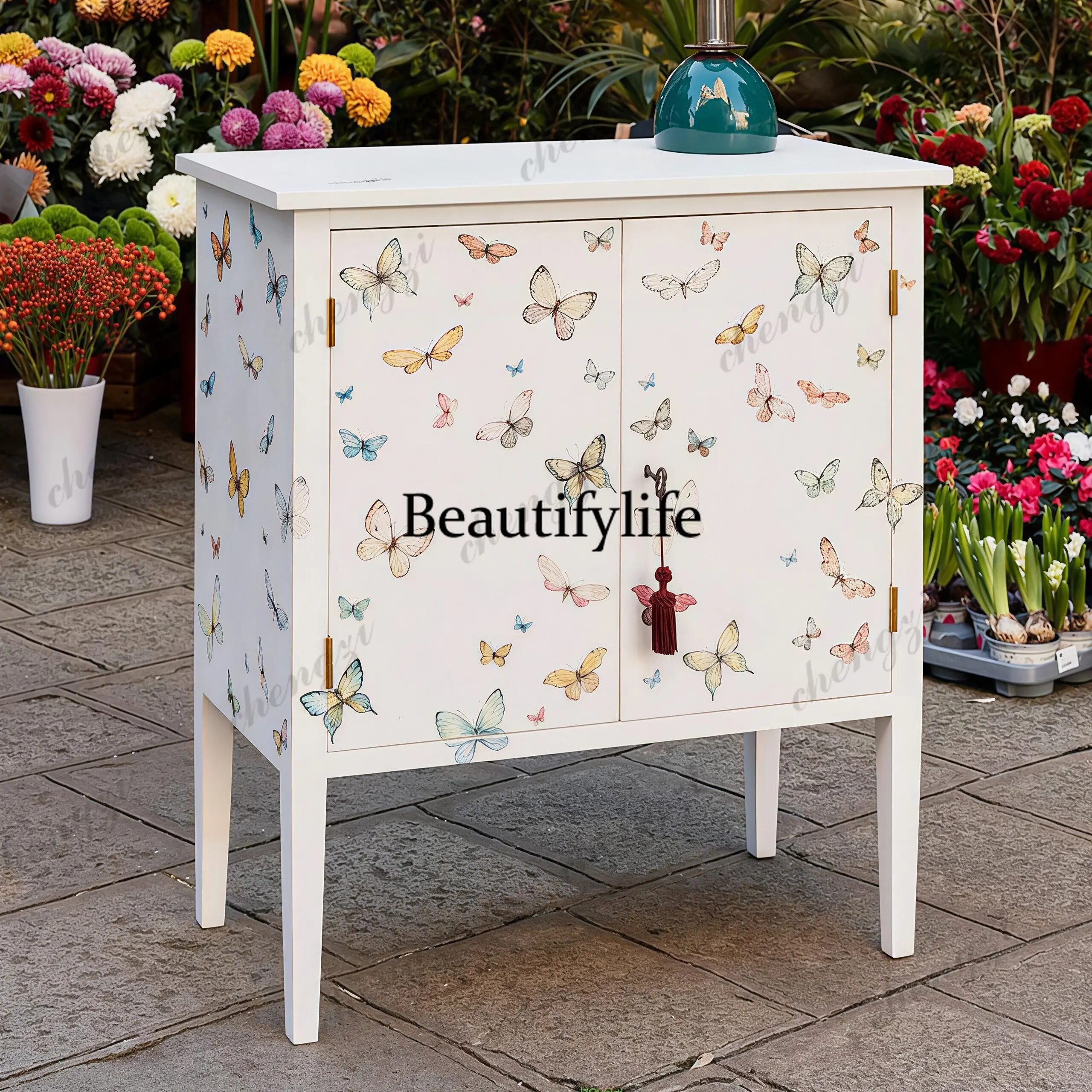 Painted printed entrance, white double door locker, home living room decorative storage cabinet