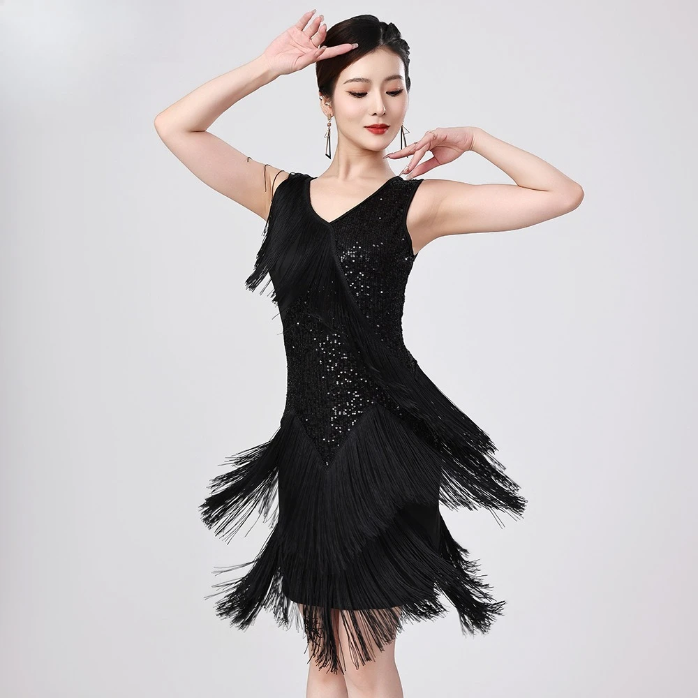 Women Chacha Latin Dance Dress Glittery Sequin Tiered Tassel V Neck Sleeveless Bodycon Dress for Salsa Tango Ballroom Dance Show