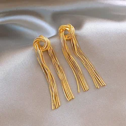 2025 Korea new design fashion jewelry 18K gold plated snake chain knot long tassel earrings elegant women's party accessories