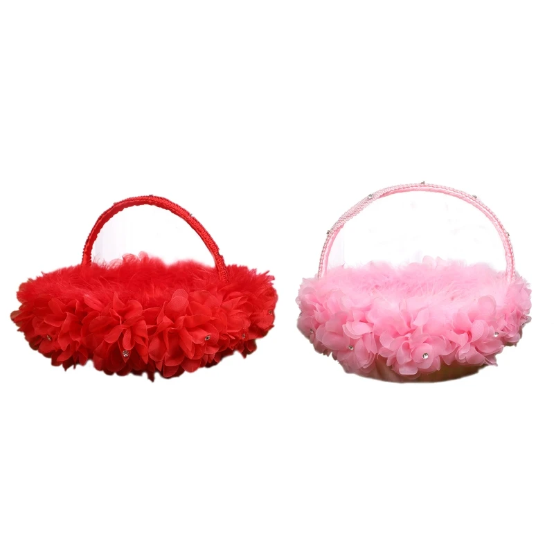 

Flower Girl Basket Small Satin Cloth Baskets with Lace Handle Ostrich Fluff Faux Flowers Decor for Wedding Ceremony L21E