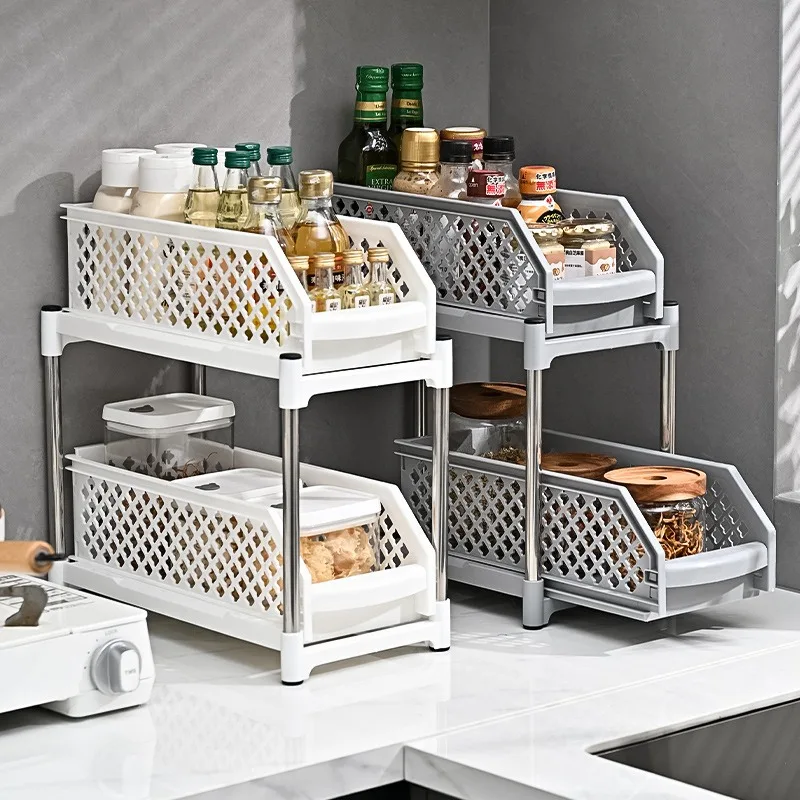 

2-Tier Under Sink Storage Drawer, Pull-Out Kitchen Organizer Rack, Multi-Purpose Spice & Bathroom Cabinet Basket for Home