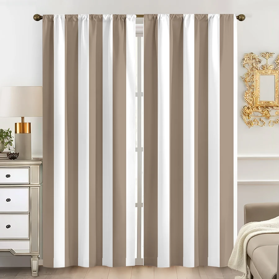 2-piece set, khaki white striped printed curtains, pole bag design, suitable for bedroom curtains and living room curtains