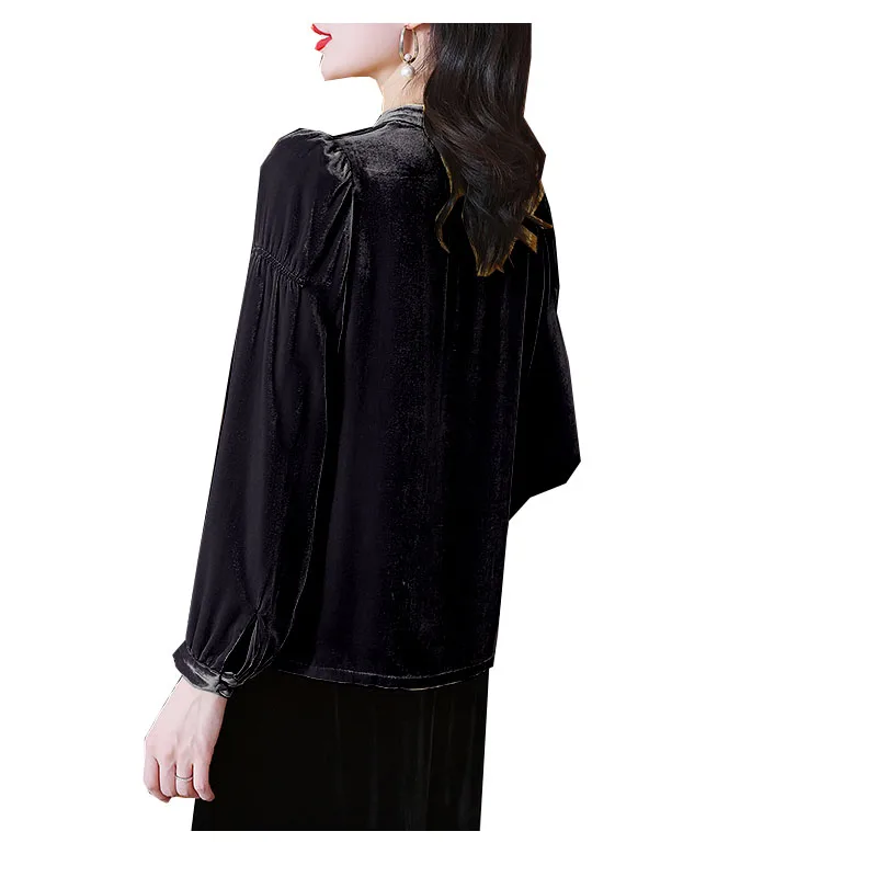 Real Silk Velvet Spring Autumn Ladies Long-sleeved Stand-up Collar Blouse Dark Green Vintage Temperament Elegant and Generous