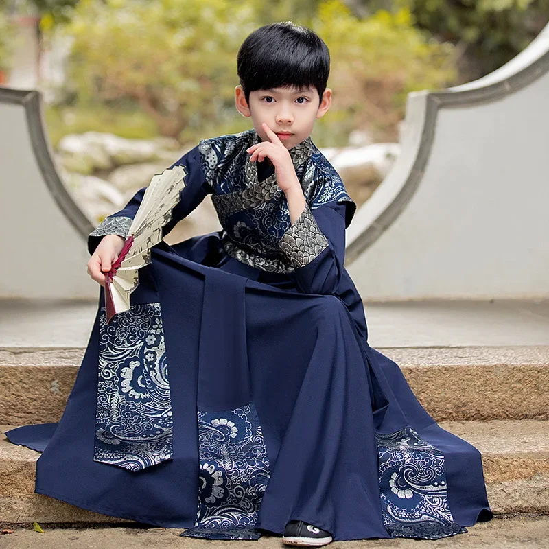 

Chinese Traditional Costume Boys Ancient Costume Knight Tang Suit Hanfu Thickened Poetry Book Clothing Printing Round Neck Robe