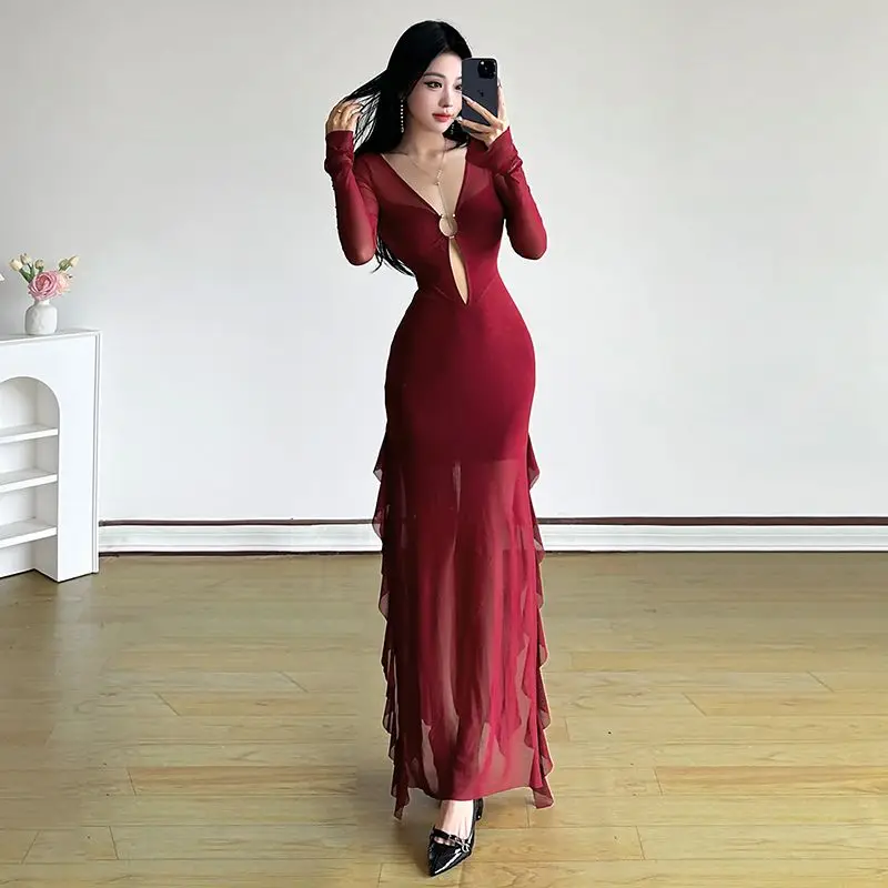 2026 Fashion New Women's High end Sexy Dress Lace Translucent V-neck Ruffle Edge Trendy Long Split Hip Wrapping Dress