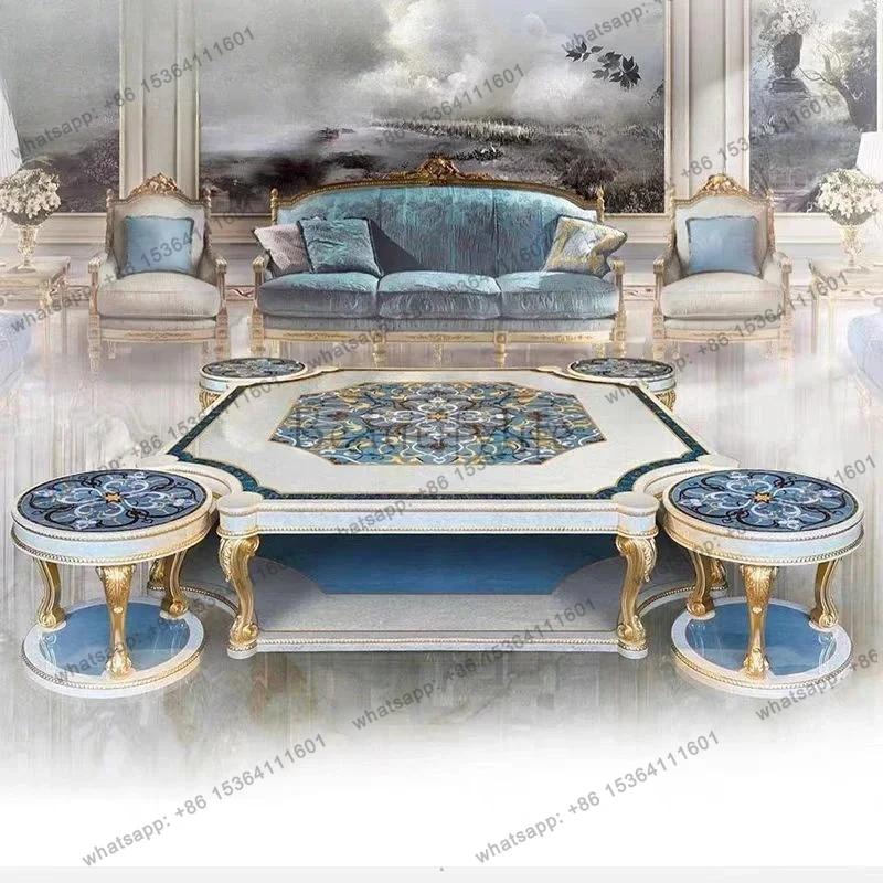 European luxury solid wood carving flower art parquet coffee table palace French shell tea table living room tea table
