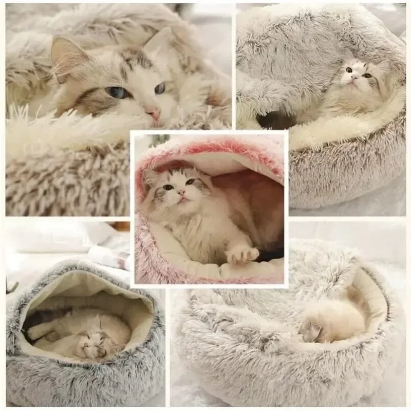 Round Cat Cushion Semi Enclosed Pet Sleep Bags Long Soft Plush 2 in 1 Warms Cats Beds Simple Comfort Warm Puppy Sleeping Nest