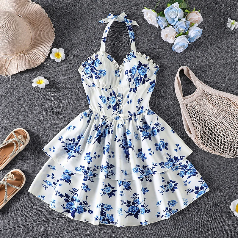 Girls 8-12 Casual Floral Dress, Halter Neck Ruffle Trim Front Button & Tiered Layer Skirt, Daily Kids Outfit