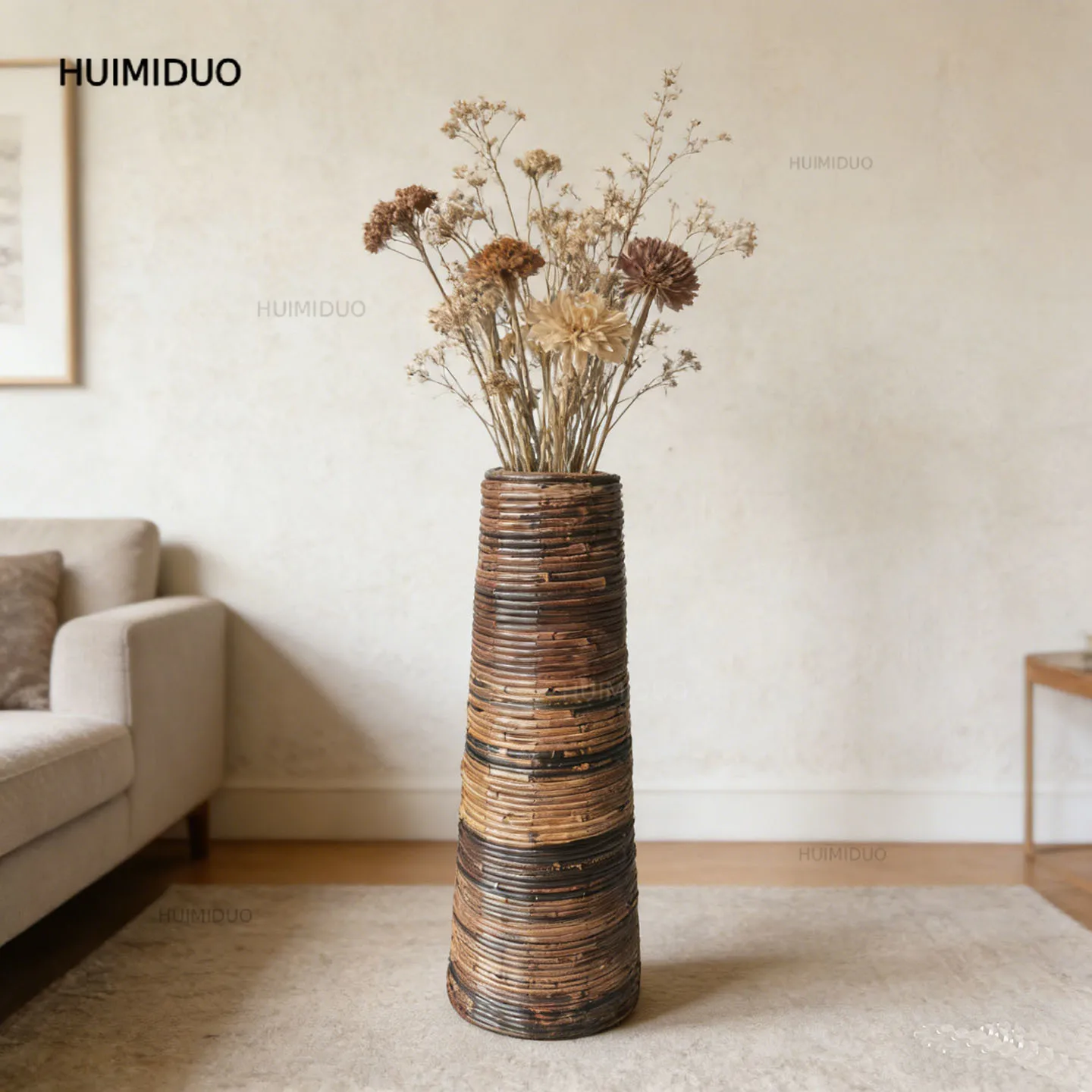 Wabi Sandy Wind Natural Rattan Floor Vase Designer Light Luxury High-end Living Room Decoration Ornament Brown