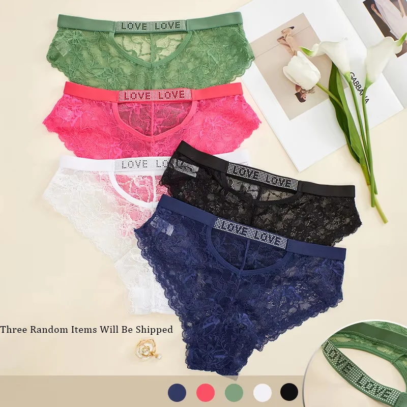 3-teiliges Set Neue Spitzen-Sommer-Slips Weiche Damenunterwäsche Modische Lingerie mit Schriftaufdruck Sexy Verführerisch Eng Anliegend Atmungsaktiv