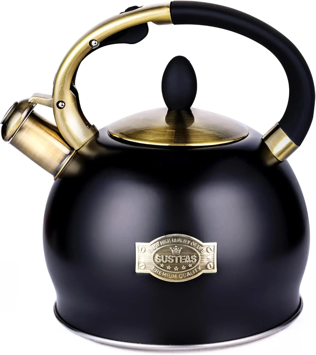 

Stainless Steel Whistling Tea Kettle with Cool Touch Handle, Includes Silicone Mitt, 2.64 Quart Black