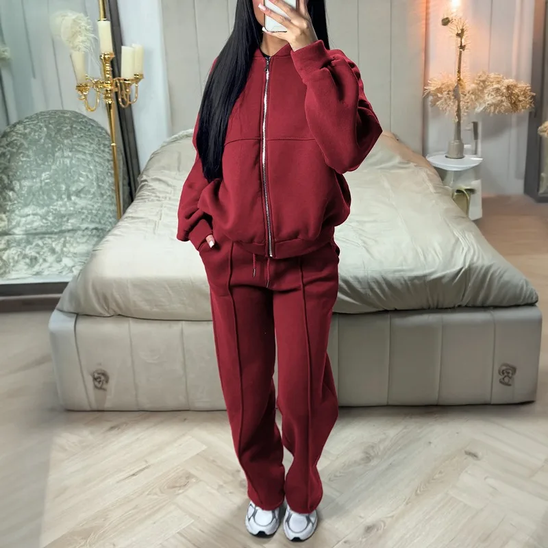 

Women's 2-Piece Tracksuit Solid Color Zipper Front Sweatshirt and Elastic Waist Pants Casual Loose Fit Loungewear Set