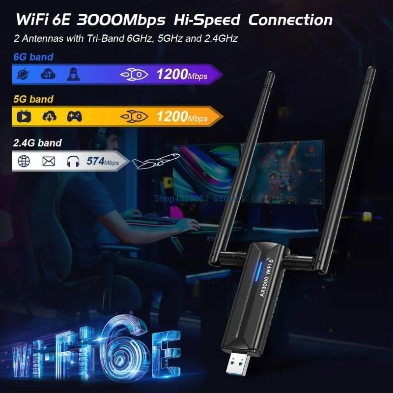 T3LB AX3000M USB WIFI 6E ADAPTER ، 5DBI 2ANTENNAS 6GHZ/5GHZ/2.4GHz Compatibles Win11/10 لسطح المكتب والكمبيوتر المحمول