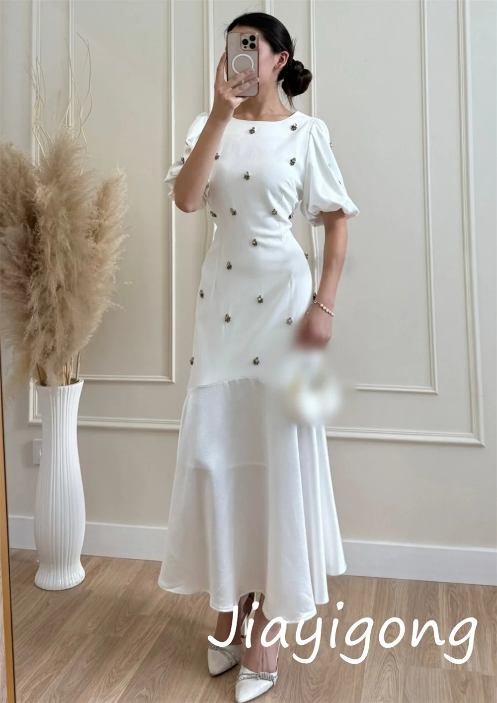 Vestidos Midi personalizados con lentejuelas y pliegues, corte en A, cuello redondo, moda para ocasiones a medida
