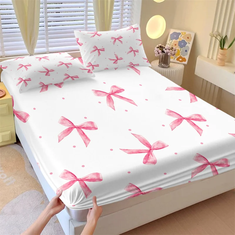 Soft Pink Transparent Watercolor Bow Polka Dot Fitted Sheet Set White Base Ribbon Print Bedding Trendy Coquette Bedroom All Size