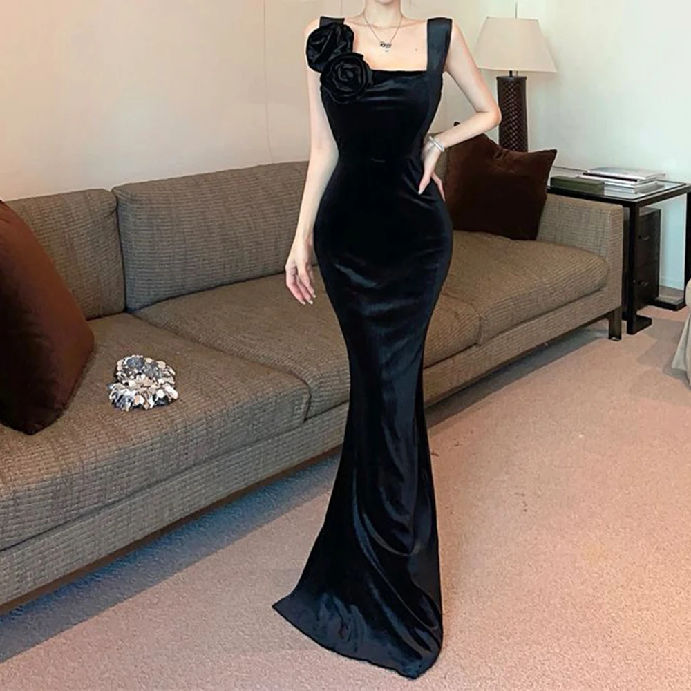 

2025 New Sexy Celebrity Temperament Velvet Flower Off-Shoulder Suspender Slim Hip Wrap Dress vestidos de fiesta