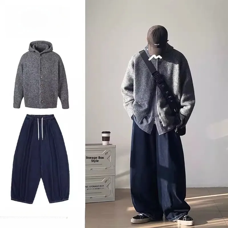 

Loose Men's Hoodie Sweater Long Sve Autumn Winter Casual Comfortable Knitted Cardigan Jaet Two Piece Set Retro Japanese ...