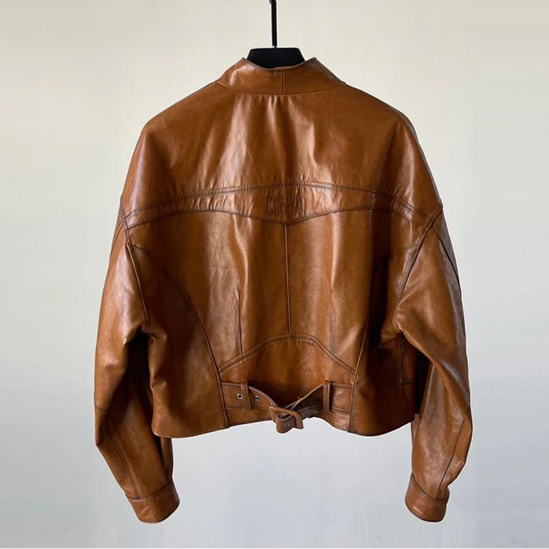 Mode Stehen Kragen Frauen 100% Echtes Leder Biker Jacken Herbst Winter Casual Weibliche Lose Volle Hülse Schaffell Jacke Mäntel