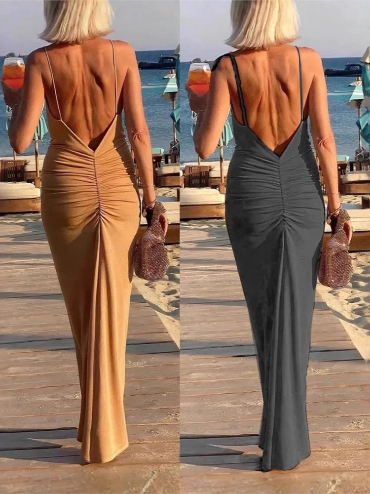 

Summer Women's Boho Dress Fashion Elegant Sexy Spaghetti Strap Sleeveless Beach Party Solid Backless Dress For Women Robe Femme