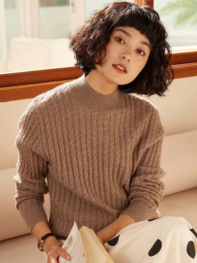 

Woman Twisted Pullover Sweater Autumn Winter 100% Cashmere Knitwear Cable Stitch Mock Neck Retro Classic Versatile Clothing Tops