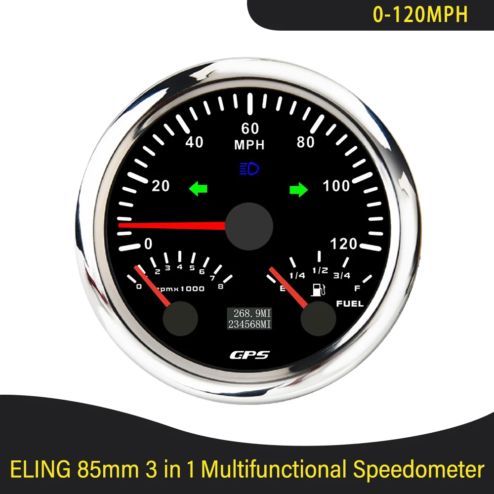 

85 мм 3 в 1 Многофункциональный GPS-спидометр 0-120MPH с тахометром 0-8000 об/мин, уровень топлива, 7 цветов, подсветка для автомобиля, лодки