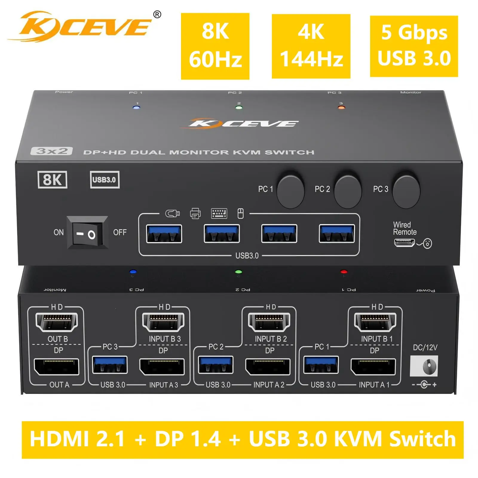 8K HDMI DP KVM Switch 2/3 จอภาพ 3 คอมพิวเตอร์ 4K 144Hz Dual/Triple Displayport USB 3.0 Switcher สําหรับ 3 PC หุ้นคีย์บอร์ดเมาส์