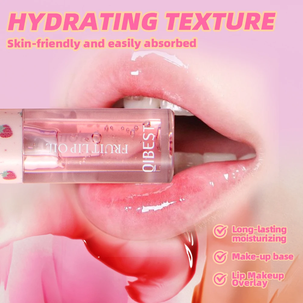 QIBEST Frucht-Lippenbalsam, Öl, Lippen-Make-up, feuchtigkeitsspendendes Lippenöl, aufpolsternd, langlebig, sexy Lipgloss, Lippenstift, Grundierung, Kosmetik