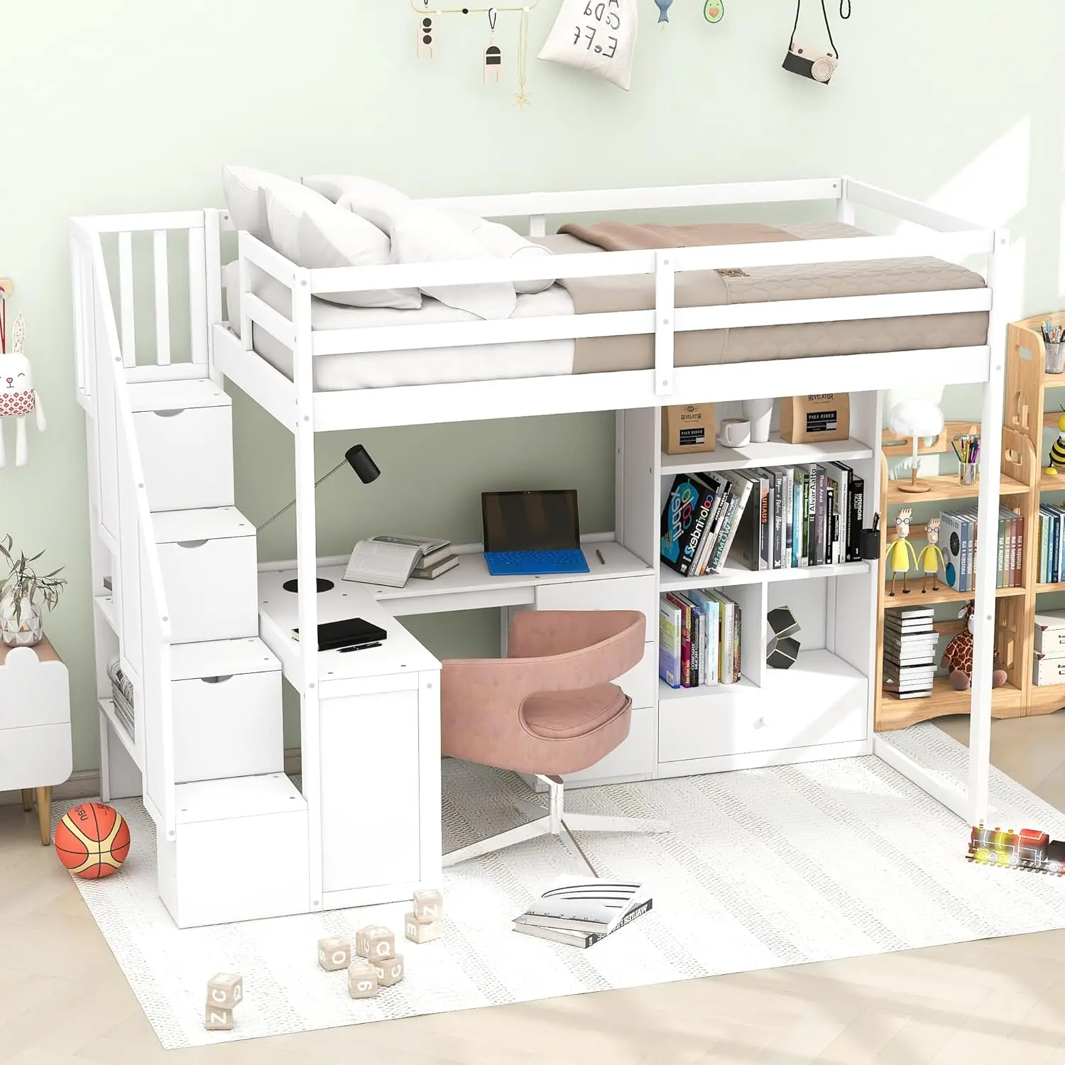 SOFTSEA Twin Loft Bed ze schodami i biurkiem w kształcie litery L, drewniane łóżko na poddaszu ze schodami, podwójne łóżko na poddaszu z regałem